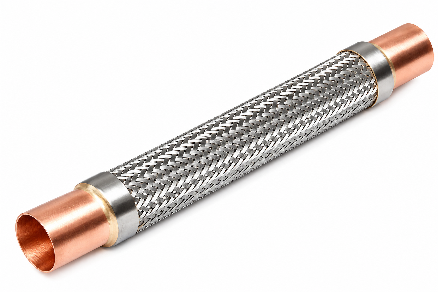 Refrigeration vibration absorber with copper tube ends and flexible braided section